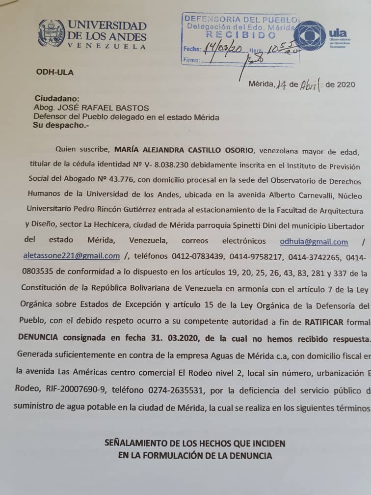 Uladdhh's tweet photo. El @Uladdhh ratificó denuncia ante la Defensoria del Pueblo para exigir a Aguas de Mérida que garantice el suministro constante de agua potable como medida preventiva para evitar la propagación del #Covid19
#DDHHHMERIDA https://t.co/m59NJFGk6P