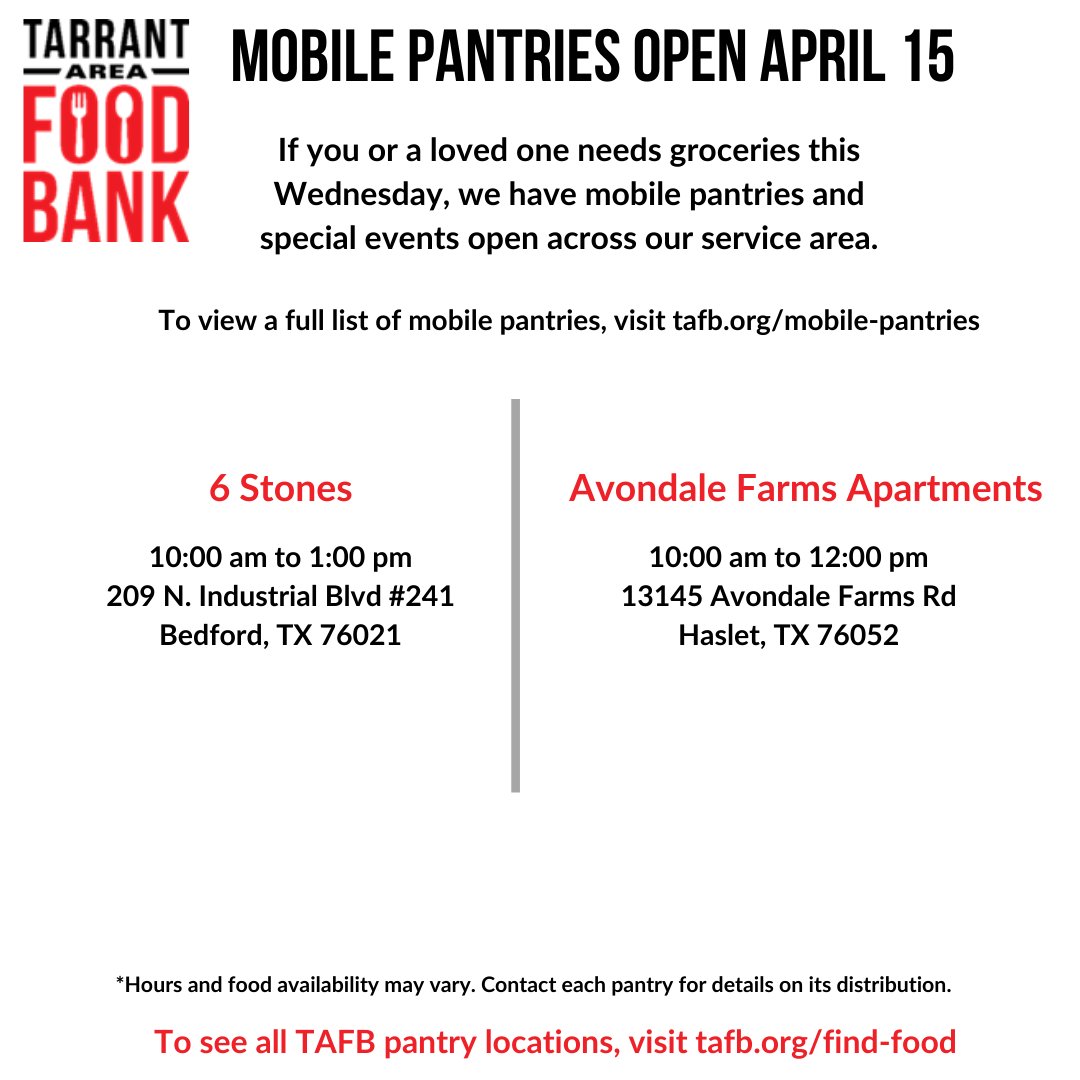 Tomorrow we have six mobile events open across our service area. Thank you to all who continue to spread the word about these events. You could be the reason someone has received food! As always, visit tafb.org/find-food for more pantries in your area!

#tafb #foodforall
