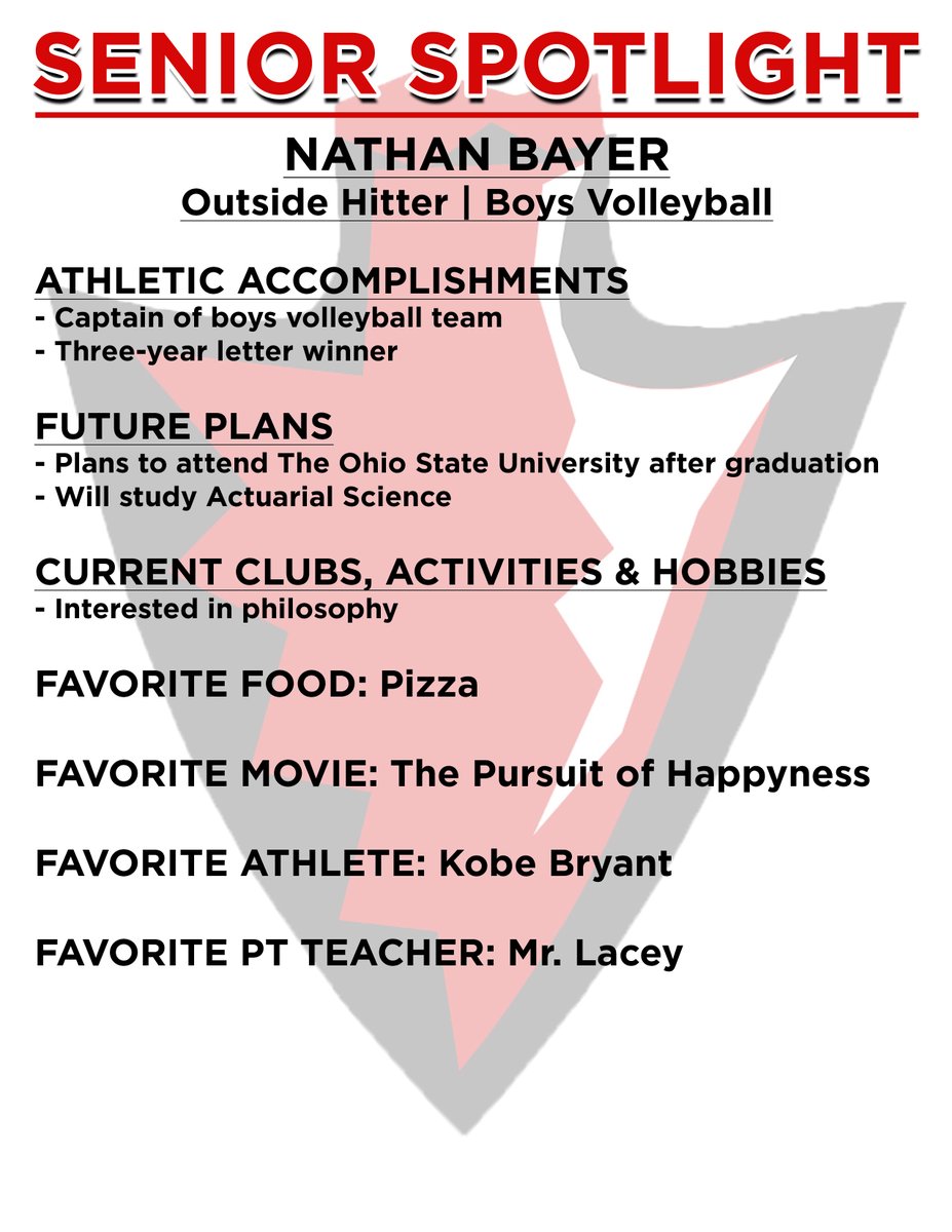 Today's Senior Spotlight shines on Nathan Bayer, outside hitter on the boys volleyball team.  Take a look at his answers below.