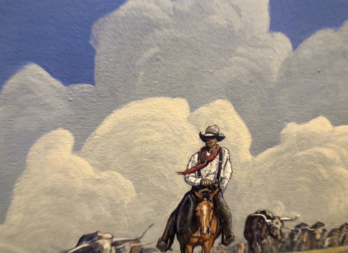ncwhm's tweet photo. A lot of you asked about the painting in my morning mug shot. It’s called Out of the Blue by Phil Epp, 2018. Oil and acrylic on board. I like to zoom in on the little details. Lol! #HashtagTheCowboy Thanks, Tim https://t.co/VQeiWjny35
