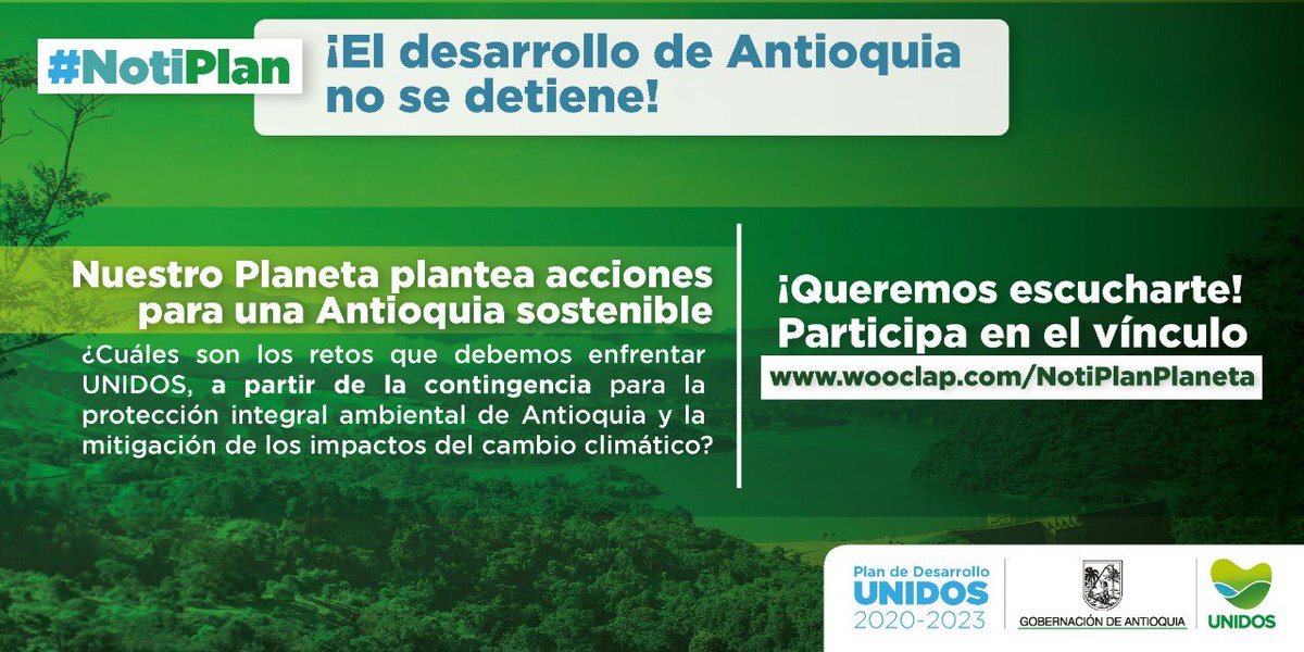 Claudia_GarciaL's tweet photo. #NotiPlan | Nuestro Planeta busca una Antioquia sostenible y la generación de un territorio habitable para el futuro. Evaluemos las acciones propuestas, con miras a enfrentar esta contingencia y pensando en el Antioquia que queremos. @DapAntioquia en https://t.co/C4l3wt8khs 💚 https://t.co/g0bevia5in