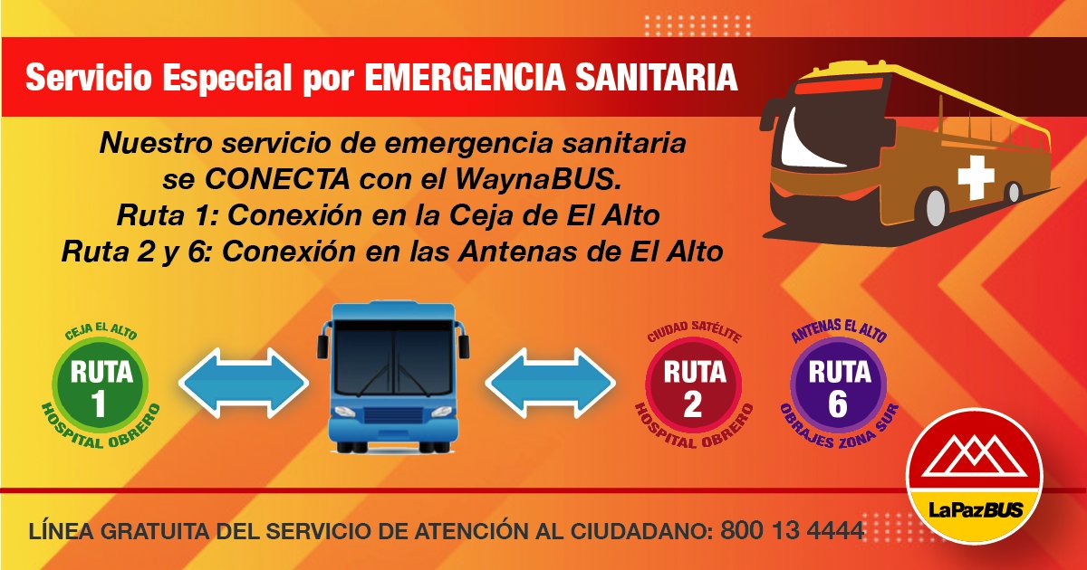 LaPazBUS's tweet photo. Te recordamos que nuestro servicio de emergencia sanitaria se integra con el #WaynaBus para transportar a nuestro personal de salud. 🚍💛

Ruta 1: Conexión en la Ceja de El Alto
Ruta 2 y 6: Conexión en las Antenas de El Alto

Más información: https://t.co/E8Q8gRg9mp https://t.co/UqXMBHZYK9