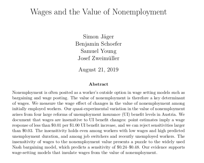 What about how UI benefit generosity affects wages for incumbent workers?Here work by  @simon_jaeger and coauthors using Austrian data is quite interesting. They look at changes in UI benefits in and how that affects wages.  http://economics.mit.edu/files/15256 