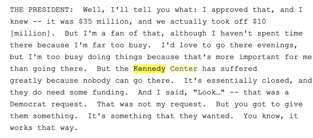 arappeport's tweet image. Trump, again, criticizes Dems for insisting Kennedy Center funding be included in the rescue package. 

Three weeks ago, Trump said: "I approved that" and called himself "a fan" of the Kennedy Center.

Hannity has ripped it as a giveaway to libs.