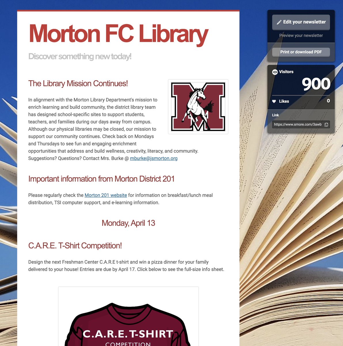 I miss my FC Library &amp; all the students who brought it to life each day.  In spite of our temporary new normal, kids are still "visiting" the library! Will break out my stash of hidden chocolate &amp; celebrate w/the fam when we hit 1000! 😉 smore.com/3awbv  #mortonpride