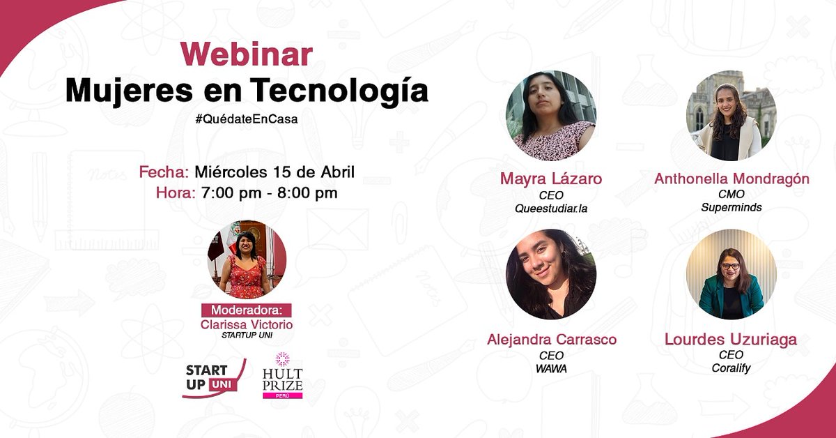 startupUNIpe's tweet photo. Los invitamos al Webinar: Mujeres en Tecnología 🙌

Junto con Hult Price Perú compartiremos la forma de seguir aprendiendo y desarrollando tu emprendimiento desde casa.

Les dejamos el link de inscripción:
https://t.co/f07wk3fR3W

#yomequedoencasa #yoemprendoencasa #HP20 https://t.co/0m6eTgc0v5