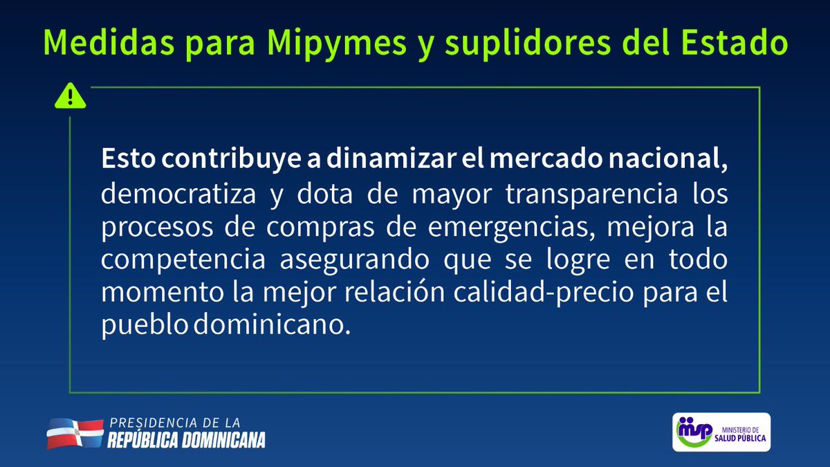 Buscamos agilizar los tiempos de pago en el Estado y ayudamos a las empresas con la liquidez. 

Además, dinamizamos el mercado nacional, democratizamos y damos mayor transparencia los procesos de compras de emergencias. #CoronavirusRD