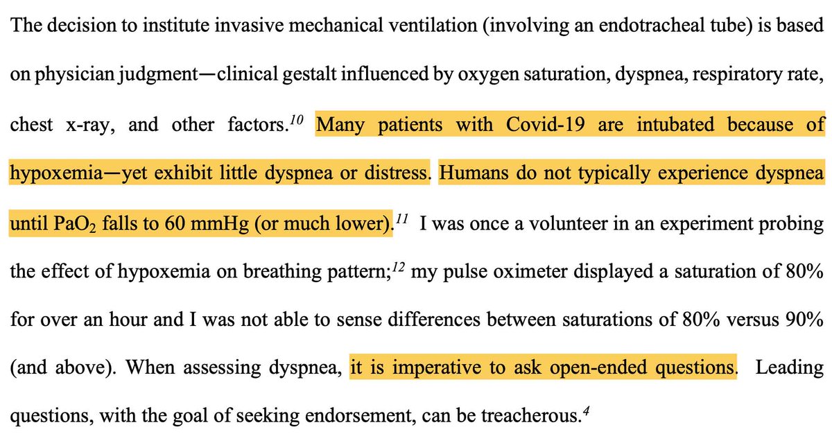 hypoxemia is rarely a clinically relevant cause of dyspnea. it's essential to think about oxygenation & ventilation *separately.* (for example: a hypoxemic COVID patient without chronic lung disease who is mentating normally & not dyspneic is probably *not* hypercapneic).(#2/6)
