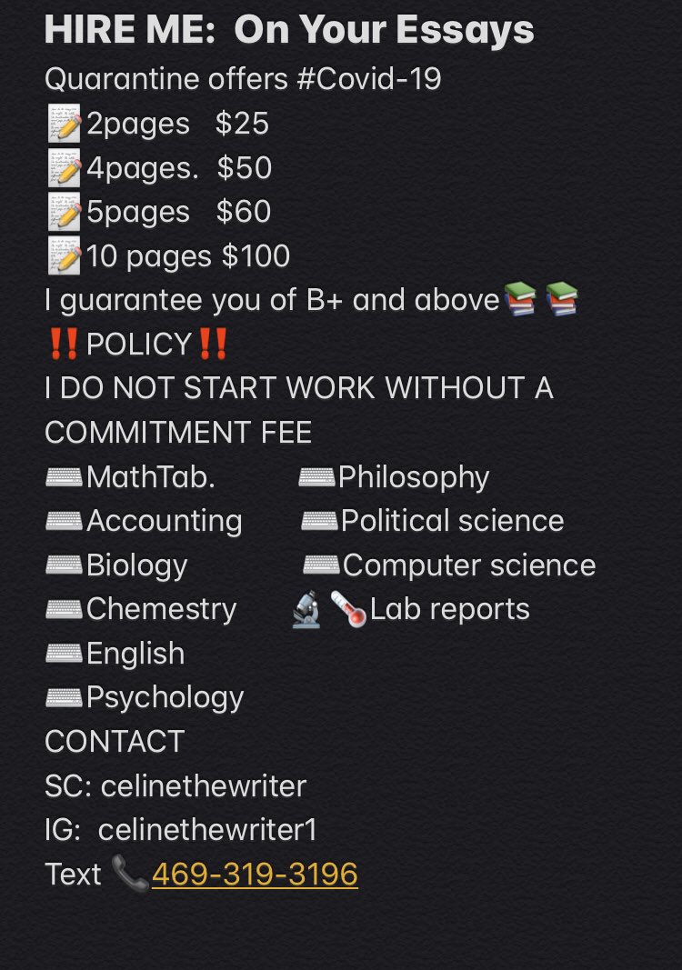 celinethewriter's tweet photo. REDUCED PRICES DUE TO #coronavirus  #canvas #pearson
#mystartlab #mymathlab #centage #flvs #mheconnect 
Hire me: F#or your assignments/research paper/ Essays
#EC #MVSU #YVC #FSU #UH #NCCU #DVM #BGSU #USMC #WSU
#WXU #TTU #FAU #UWG #UNT #LLC #SYSU #ODU #YSU #JAXSU #CAU #TAMUCC #UNT https://t.co/Yuh283rnwN
