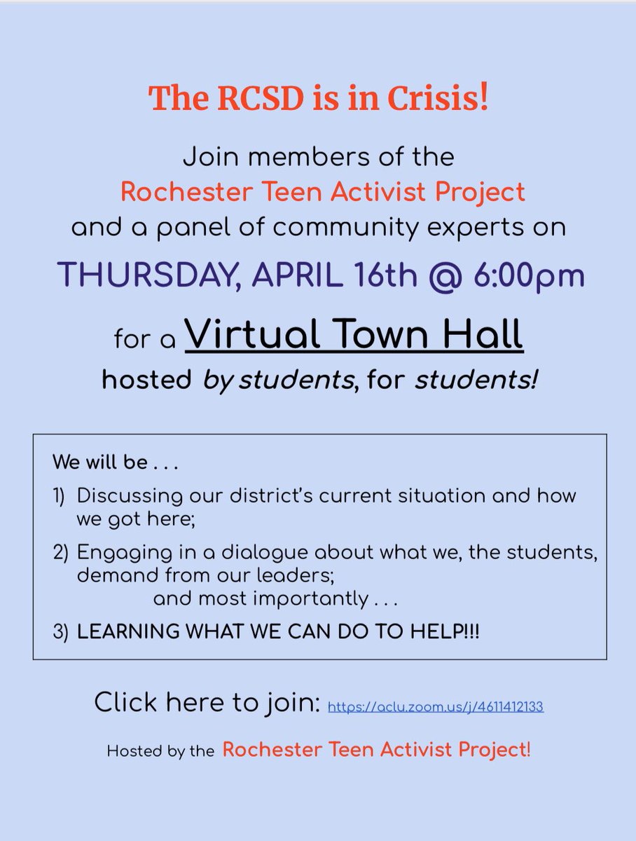 Join ROC-SOS members in the Teen Activist Program as they host a Virtual Town Hall on the RCSD budget crisis. #ROCSOS #SpareOurStudents .<a href="/RochesterTA/">Rochester Teachers Association</a> .<a href="/RochesterAssoc1/">Rochester Association of Paraprofessionals</a> .<a href="/MetroJustice/">Metro Justice</a>
