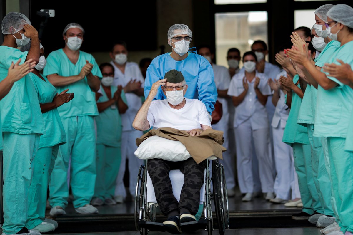 ANCALERTS's tweet photo. "He won another battle, this time against the new coronavirus."

Brazilian 99-year-old former WWII combatant Ermando Armelino Piveta leaves the Armed Forces Hospital after being successfully treated for #COVID19. Ueslei Marcelino, Reuters https://t.co/V0g6zdyBdj