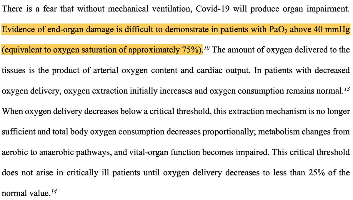 survival depends on tissue oxygen delivery (not oxygen saturation). euvolemic patients with normal hemoglobin concentration and cardiac reserve generally do fine with an oxygen saturation in the 80s. (#5/6)