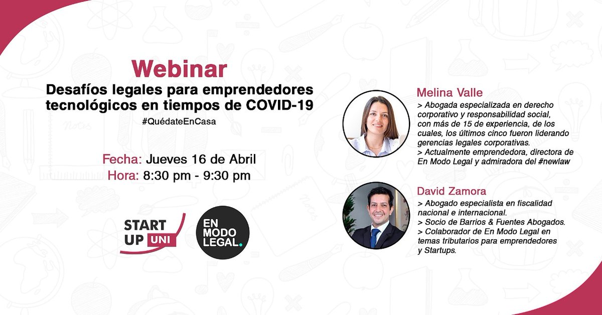 startupUNIpe's tweet photo. ¿Qué desafíos tenemos en el ámbito legal en tiempos de Coronavirus?
Startup UNI y En Modo Legal les traen este webinar.

Les compartimos el link del evento:
https://t.co/gf224q8iCo

Y el link de inscripción:
https://t.co/8QhdjFP766

#quedateencasa
#yoemprendoencasa #juntospodemos https://t.co/7YsRSgt0qU