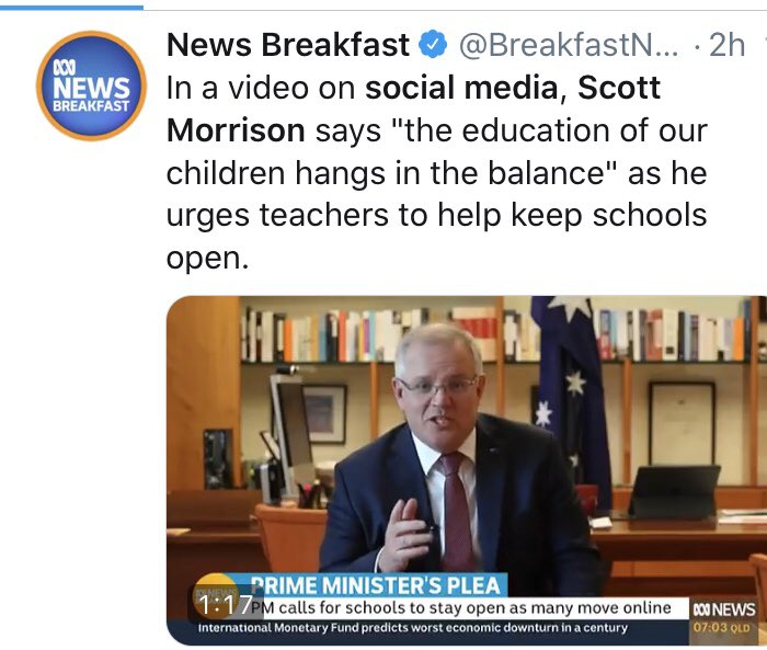 idk wtf problem media have with naming it, but this prime ministerial message - cavalierly confusing parents and telling Premiers to throw school kids and teachers under the infection bus for his economic figures AND lying about it - is on facebook. Not “social media”. FACEBOOK.