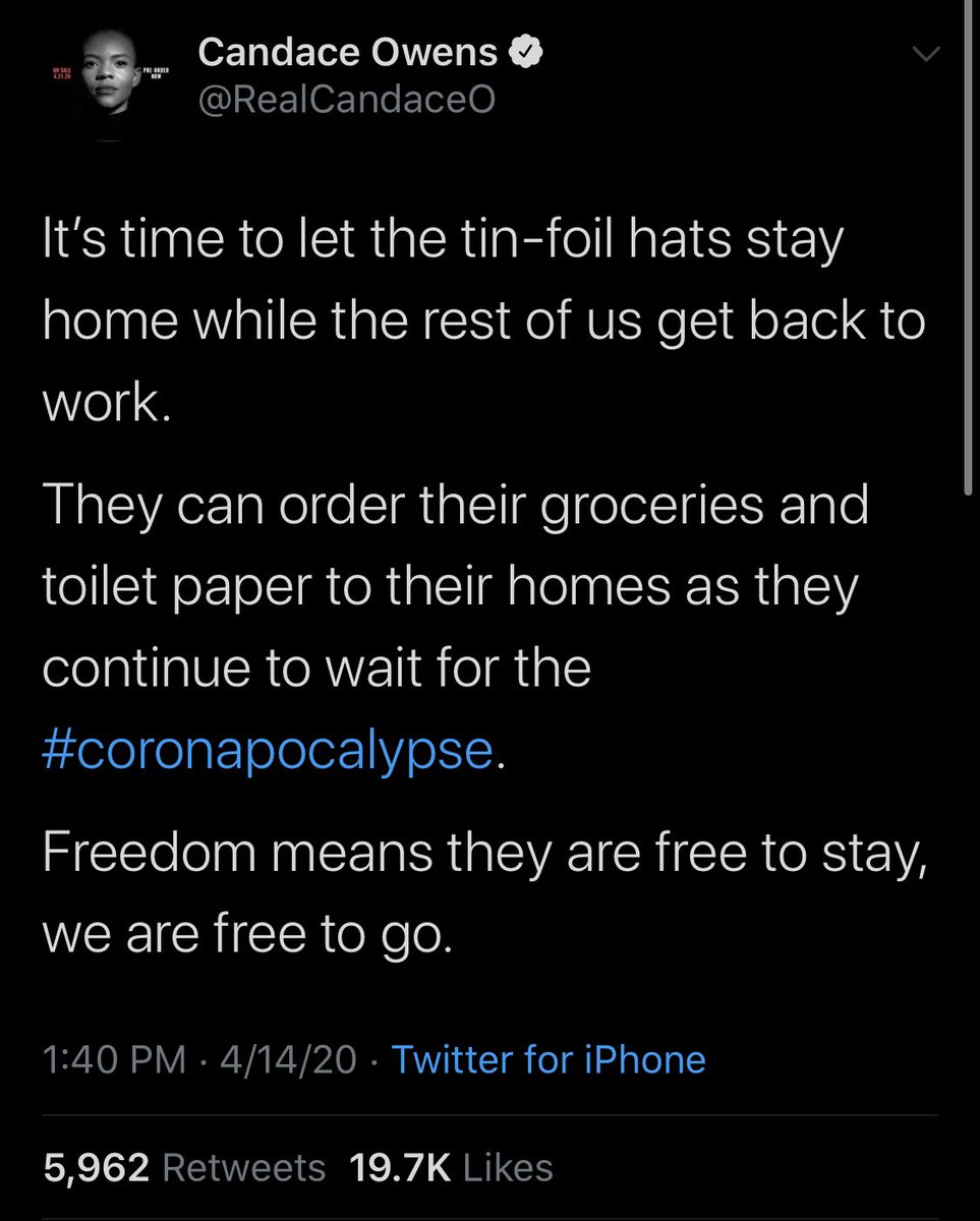 Candace Owens is out here urging thousands of people to behave in a way that health experts say will endanger themselves and others, and she does so with impunity because  @TwitterSupport is too embarrassed to delete her tweets after  @jack’s pandering to her.