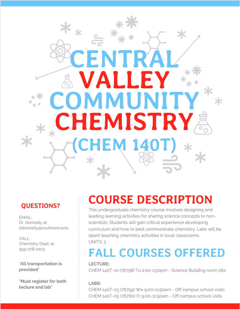 Check out this new course! This two part course is a great way to grow in your teaching abilities and get involved in your community. CHEM 140T will be offered this Fall 2020. Look for it while registering!