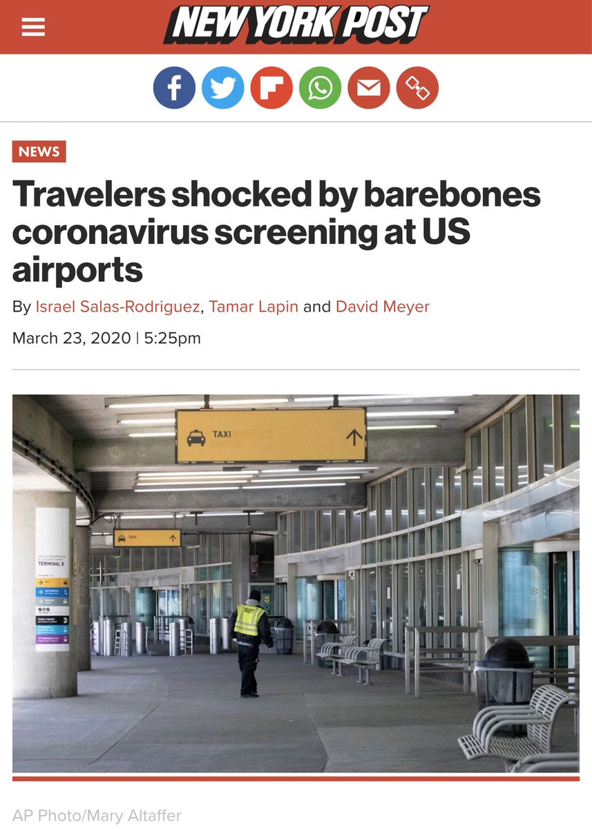 And the airport screening has been either a.) insufficient, or b.) utter chaos https://www.nytimes.com/2020/03/13/us/politics/coronavirus-travelers-screening.html https://www.washingtonpost.com/outlook/2020/03/16/ord-coronavirus-panic/ https://www.nbcchicago.com/news/local/ohare-airport-isnt-screening-travelers-from-italy-or-south-korea-officials-say/2231733/ https://nypost.com/2020/03/23/travelers-shocked-by-barebones-coronavirus-screening-at-us-airports/