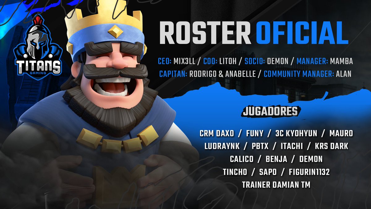 ¡ES OFICIAL! 🤩

Este será nuestro roster oficial, el cual nos estará representando en futuras competencias nacionales e internacionales.

Confiamos en el gran nivel que tienen nuestros titanes, grandes jugadores, grandes personas.

#TitansAreComing⚔️