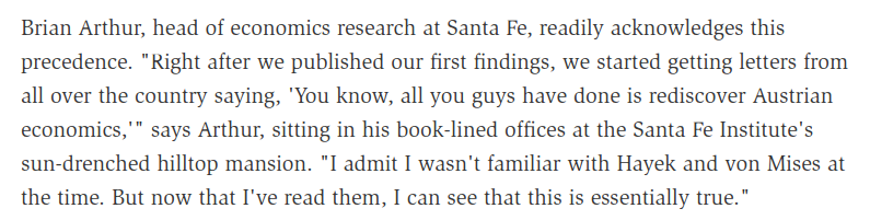 Not enough people know Hayek's work on complexity. Brian Arthur, of the Santa Fe Institute which is at the forefront of modern complexity research admitted all they achieved was to rediscover the Austrians https://reason.com/1996/01/01/complex-questions/