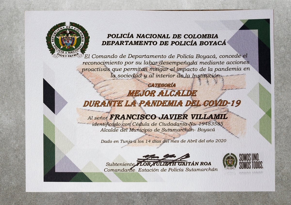 La <a href="/PoliciaBoyaca/">Departamento de Policía Boyacá</a>, hizo un reconocimiento al trabajo en equipo que venimos realizando para la prevención del COVID-19 en nuestro #Sutamarchán. Queremos agradecer por su incondicionalidad y apoyo en mantener el orden en el municipio, Dios los bendiga y los proteja
#QuedateEnCasa