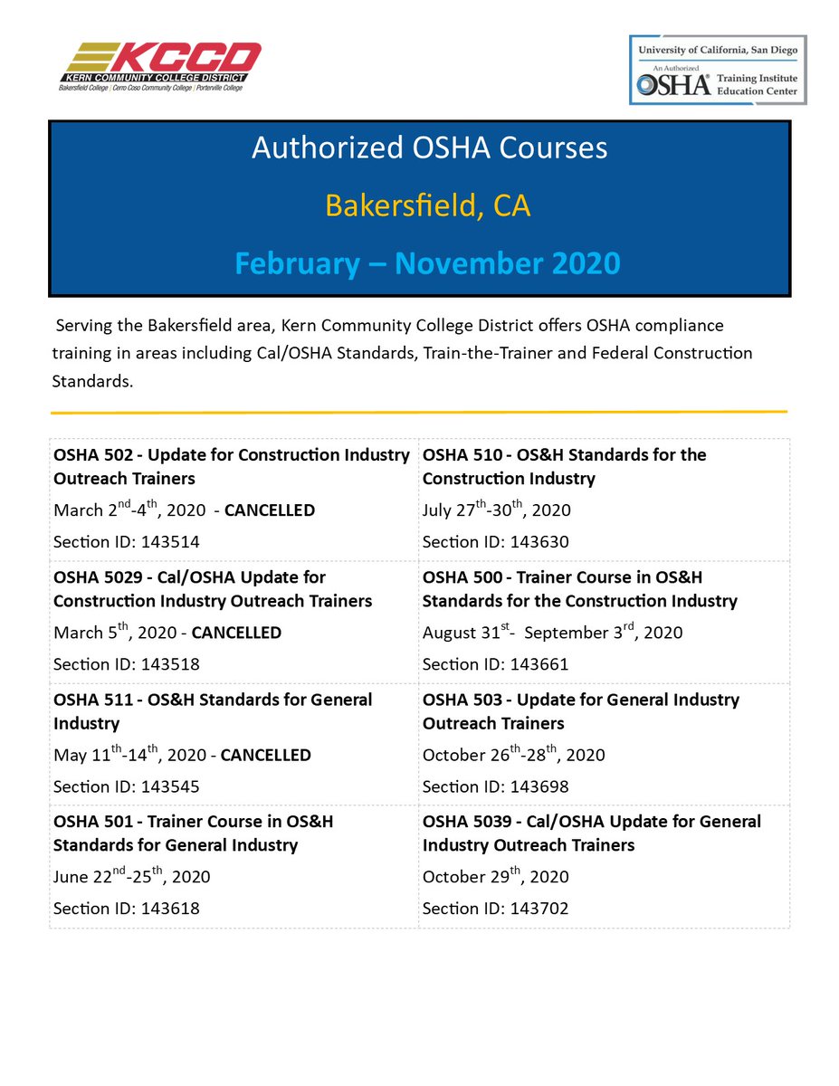 Due to COVID-19, we've made some changes to the OSHA 2020 trainings schedule as well. Stay safe everyone.