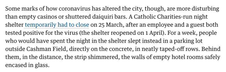 . @annamerlan on the story behind the photo: A night shelter temporarily had to close on March 25, after an employee + a guest tested positive for the virus. For a week, people who would have spent the night in the shelter slept instead in a parking lot.  https://www.theguardian.com/world/2020/apr/14/las-vegas-strip-closed-coronavirus