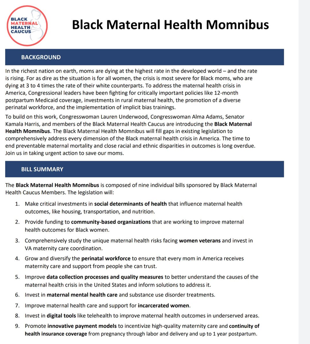 The Black Maternal Health  #Momnibus (intro'd 3/9) is spearheaded by Sen  #KamalaHarris in the Senate & Reps  #AlmaAdams &  #LaurenUnderwood in the House. It's composed of 9 bills to improve BMH. Details …https://blackmaternalhealthcaucus-underwood.house.gov/media/press-releases/representatives-underwood-and-adams-senator-harris-members-black-maternal  #BlackMaternalHealthWeek 14/ https://twitter.com/ivypacdotorg/status/1238122258561929217?s=19