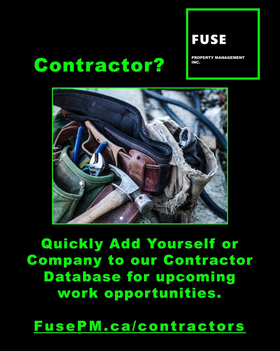 Are you a contractor? Do you own your own business? Would you be interested in future work opportunities from Fuse PM?
If you answered yes to any of these questions you NEED to fill out our contractor database form.  Click this link fusepm.ca/contractors/ and complete the form.