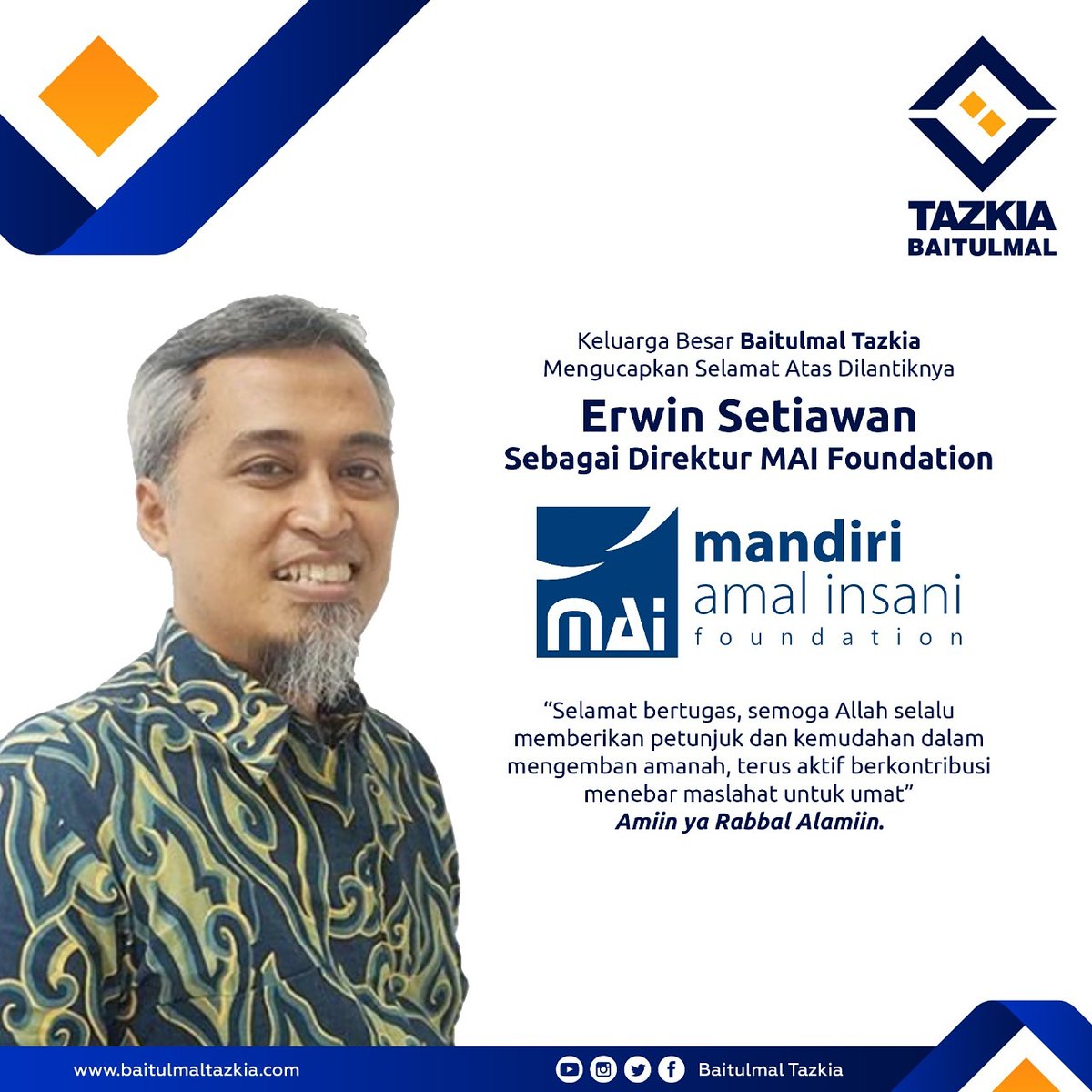 Selamat kepada Bapak Erwin Setiawan atas di lantiknya sebagai direktur @MAI_Foundation 
_
Selamat bertugas, Semoga Allah selalu memberikan petunjuk dan kemudahan dalam mengemban amanah dan terus berkontribusi menebar masalahat untuk umat.
.
#maifoundation #mandiriamalinsani #mai