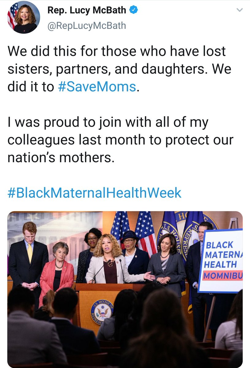 The Black Maternal Health  #Momnibus consists of 9 bills. Rep.  #LucyMcBathsponsors the Social Determinants for Moms Act.Details  https://mcbath.house.gov/press-releases?id=12E64899-3ACC-4477-AA4F-6E2DB2BB01BB #BlackMaternalHealthWeek 16/ https://twitter.com/RepLucyMcBath/status/1250166128611131392?s=19