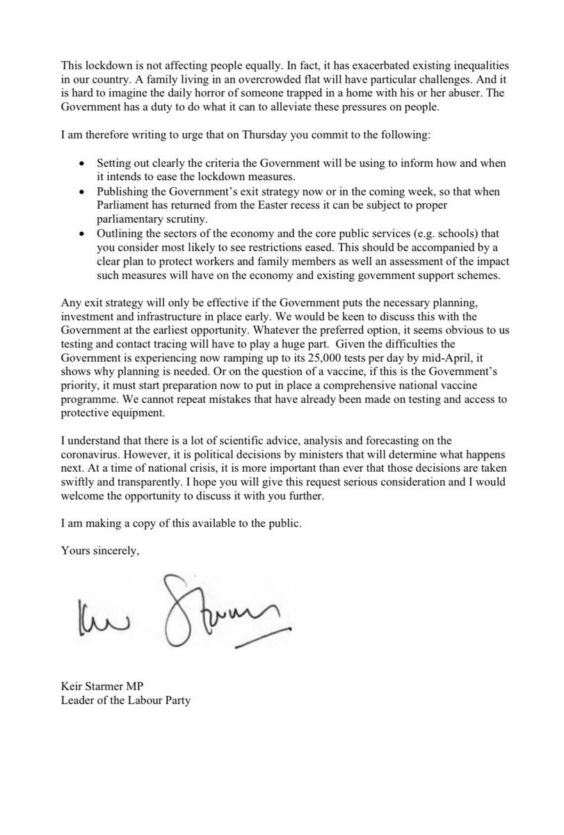 Keir Starmer (@keir_starmer) on Twitter photo I urge the government to publish their exit strategy.
Millions of people are playing their part. In return, the government needs to be open and transparent with the public about how it believes the lockdown will ease and eventually end.
My letter to <a href="/DominicRaab/">Dominic Raab</a>: I urge the government to publish their exit strategy.
Millions of people are playing their part. In return, the government needs to be open and transparent with the public about how it believes the lockdown will ease and eventually end.
My letter to <a href="/DominicRaab/">Dominic Raab</a>: