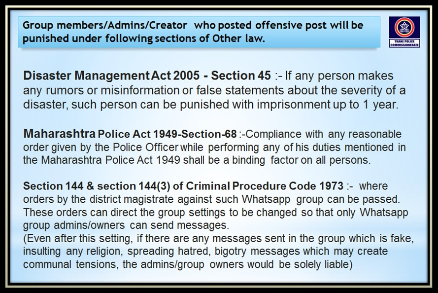 ThaneCityPolice's tweet photo. Group members/Admins/Creator  who posted offensive post will be punished under following sections of Other law.  #FollowRules #BeResponsibleNetizens
#VerifyBeforeForwarding #WarAgainstVirus https://t.co/kORUpdQzMG