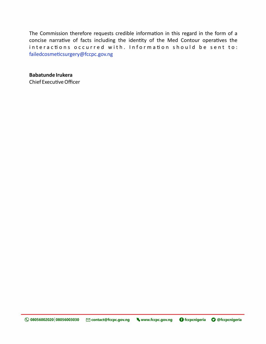 UPDATE: Last week I raised an alarm here about Dr Anu and Medcontur in view of dangerous practices at her cosmetic surgery clinic.FCCPC Nigeria has taken up the case with an official investigationThank you  @TundeIrukera Thank you to everyone who spoke up and lent your voice!