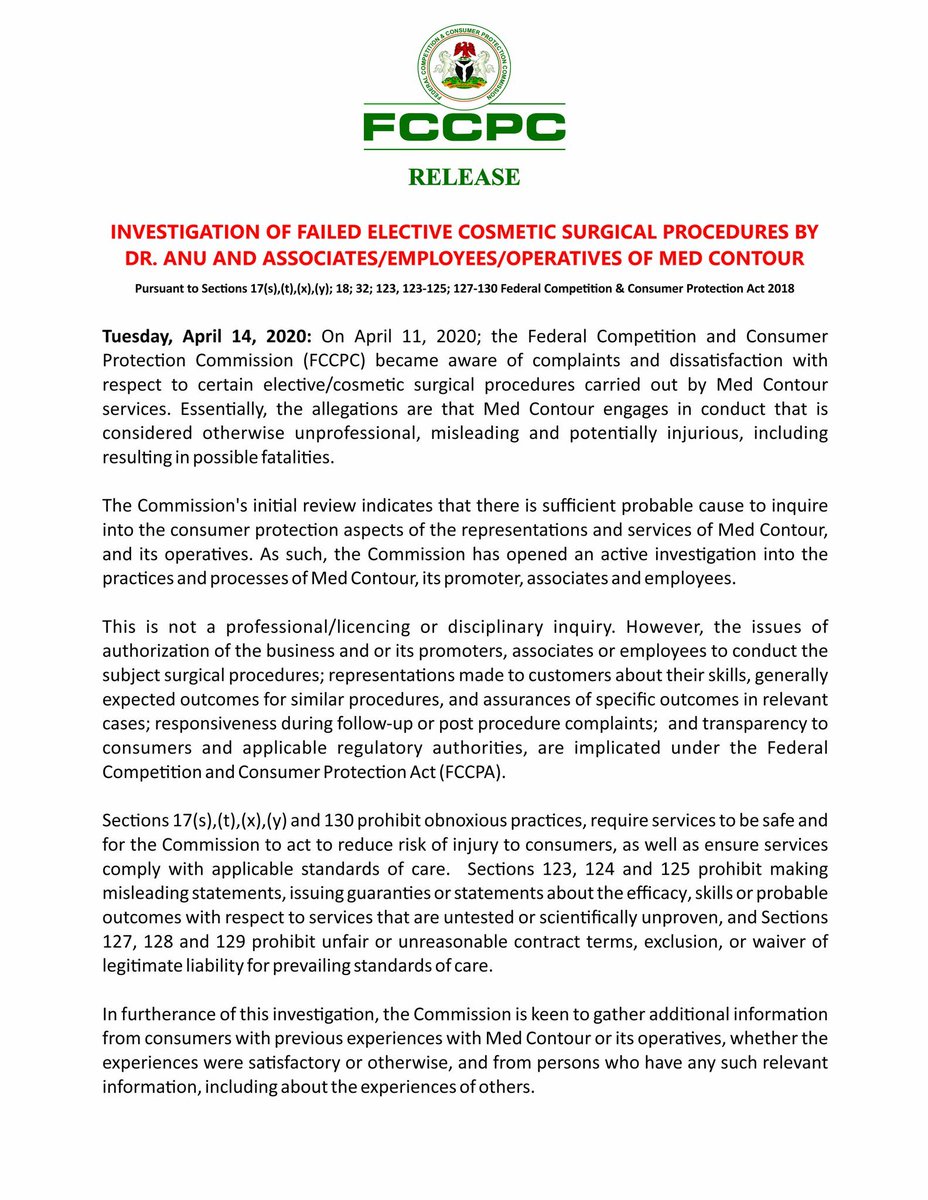 UPDATE: Last week I raised an alarm here about Dr Anu and Medcontur in view of dangerous practices at her cosmetic surgery clinic.FCCPC Nigeria has taken up the case with an official investigationThank you  @TundeIrukera Thank you to everyone who spoke up and lent your voice!