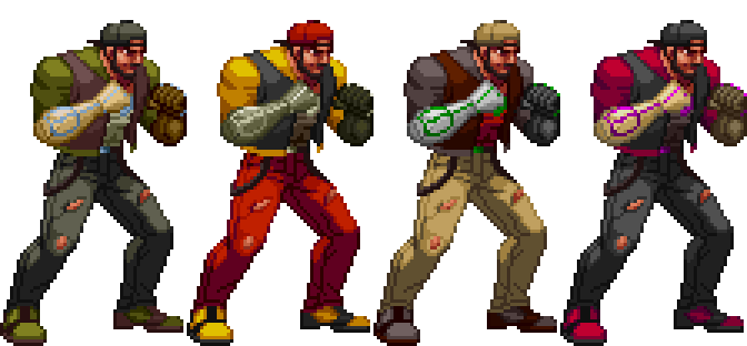 Yota did an awesome job refining Keemo. I jumped in and did some small touches, palette swap for the direction flip and made some alternative palettes, this is a fun design to work with.Older sprite by me for comparison.