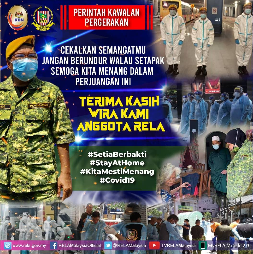 Cekalkan semangatmu 
Jangan berundur walau setapak
Semoga kita menang dalam perjuangan ini
TERIMA KASIH WIRA KAMI ANGGOTA RELA
#SetiaBerbakti 
#KitaMestiMenang
#StayAtHome
#COVID19
<a href="/jpmgov_/">Jabatan Perdana Menteri</a> 
<a href="/MKNJPM/">MAJLIS KESELAMATAN NEGARA</a> 
<a href="/KDNPUTRAJAYA/">KDN🇲🇾</a>