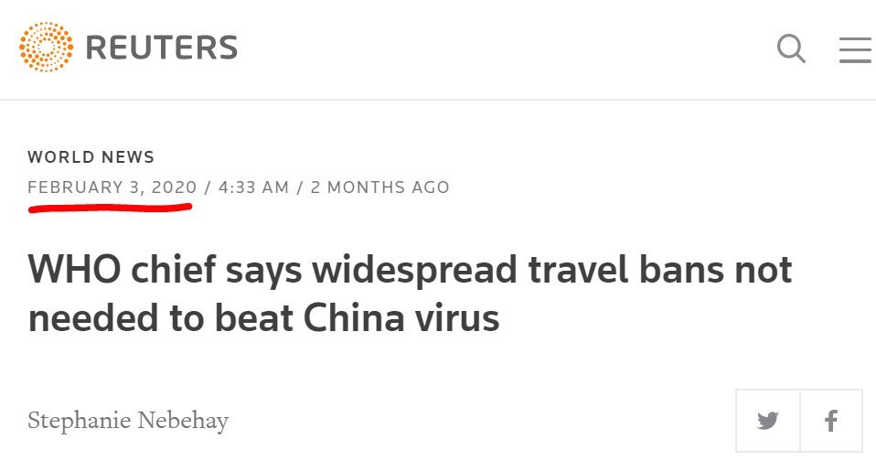 Dec 2019: Coronavirus in China14 Jan 2020: WHO says NO human to human spread (despite Taiwan warning)31 Jan 2020: Trump bans travel from China3 Feb 2020: WHO Chief criticises travel bans from ChinaToday, almost 2 million cases and 126,000 people dead.WHO failed the world.