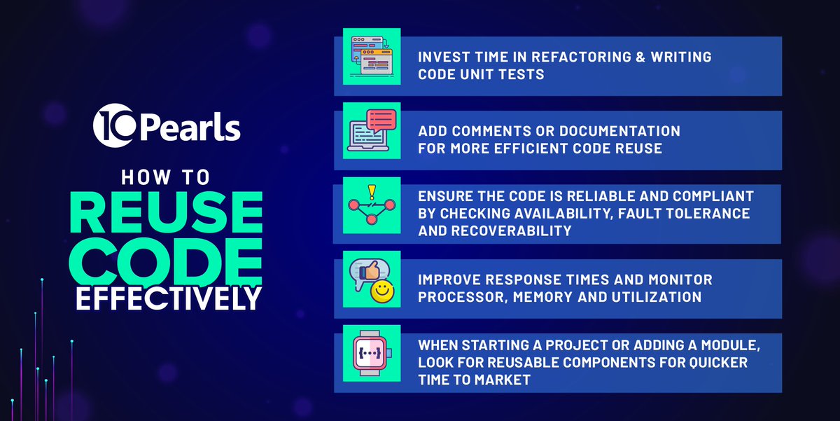 10PearlsPK's tweet image. Reusing code saves time, improves application scalability and increases the productivity of development teams. In line with our theme of “Code Reusability”, here are a few tips on how to reuse code for maximum efficiency.
#CodeReusability #CodeReuse #10Pearls #10PearlsKarachi