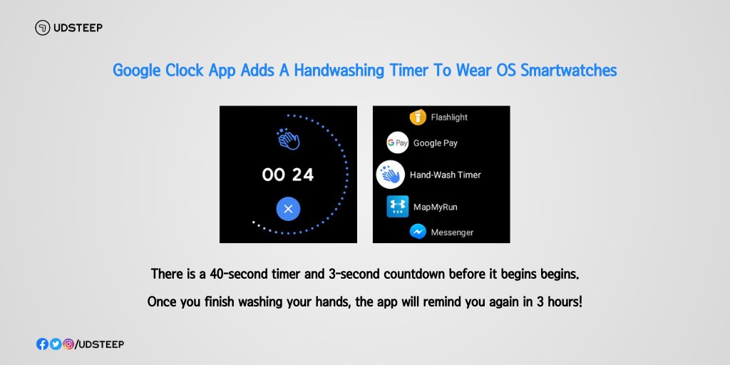 udsteep's tweet photo. Google is rolling out an update to the Google Clock app for Wear OS. After updating you’ll see a new “Hand-Wash Timer” shortcut in the app drawer.
Source: #XDADevelopers
#Google #GoogleClockApp #WearOS #HandWashTimer #HandWash #CDC #Covid19 #CoronaVirus #Covid_19
#UDSTEEP https://t.co/c9djH8fOsB