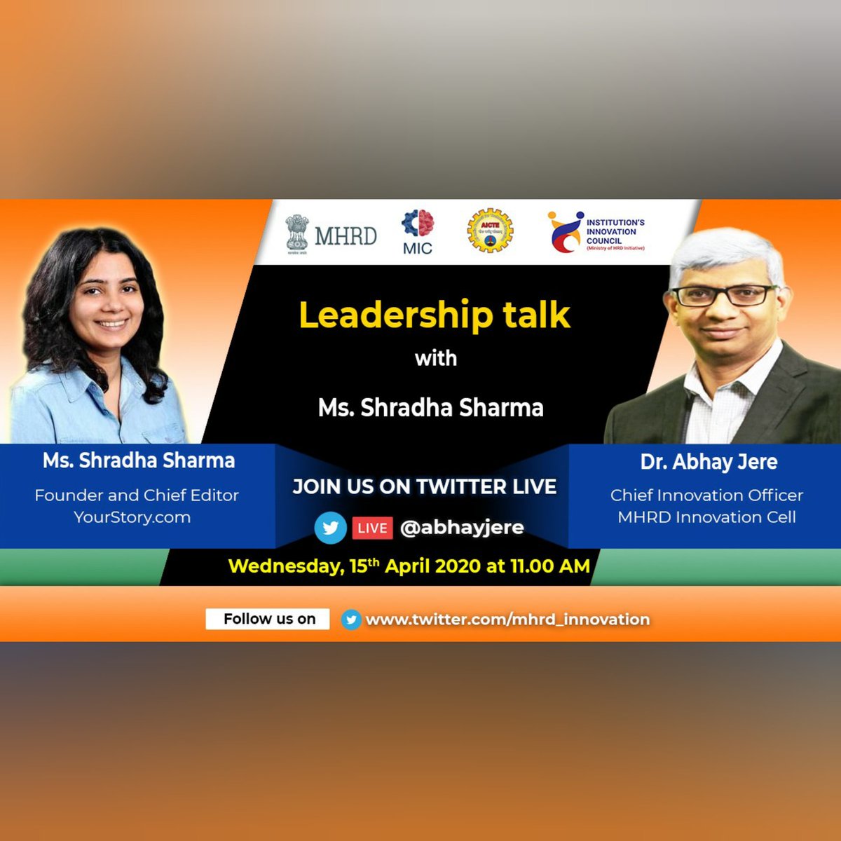CseSkct's tweet photo. Department of CSE, Sri Krishna College of Technology, Coimbatore  faculty members and students attended a Twitter Live Session on "Leadership Talk " with Ms.Shradha Sharma and Dr Abhay Jere on 15th April 2020.
@abhayjere @SharmaShradha @DrRPNishank @AICTE_INDIA @mhrd_innovation https://t.co/wbU5AQKCXN