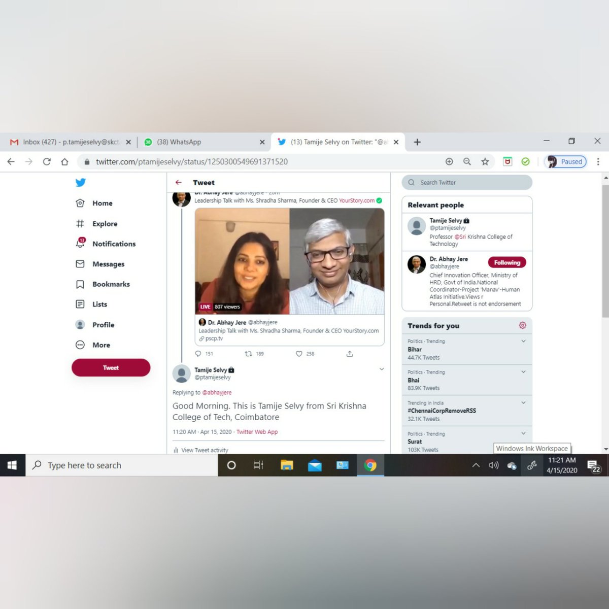 CseSkct's tweet photo. Department of CSE, Sri Krishna College of Technology, Coimbatore  faculty members and students attended a Twitter Live Session on "Leadership Talk " with Ms.Shradha Sharma and Dr Abhay Jere on 15th April 2020.
@abhayjere @SharmaShradha @DrRPNishank @AICTE_INDIA @mhrd_innovation https://t.co/wbU5AQKCXN