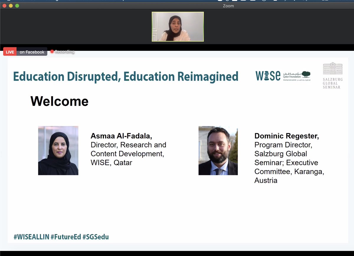 loukaparry's tweet image. Great to see @asmaalfadala @dominicregester leading off the @WISE_Tweets @SalzburgGlobal Education Disrupted, Education Reimagined virtual convening. Looking forward to the learning &amp;amp; to speaking on a panel tomorrow. @LearningFuture @KarangaGlobal   #WISEALLIN #SGSedu #FutureEd