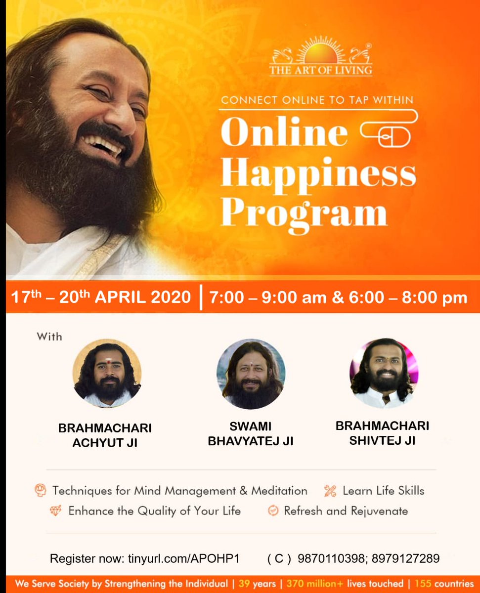 shivvatej's tweet photo. #OnlineHappinessProgram learn #Yoga #Pranayam #SudarshanKriya© #Meditation from home in this #Lockdown2 Overcome #Anxity #Stress #Fear Get #PeaceOfMind @bhavyatejj @ArtOfLivingNTC https://t.co/YLZmphVpyK