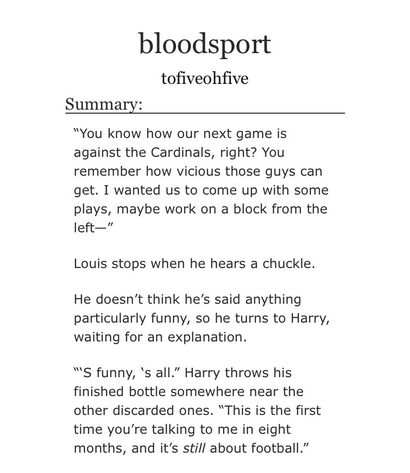 Bloodsport: Friday Night Lights AU, high school, American football, post break-up, light angst, getting back together, flashbacks, smut  https://archiveofourown.org/works/13385238/chapters/30659376