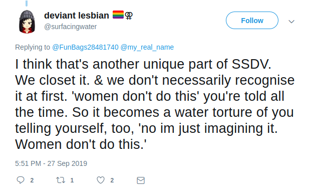 Lesbians have also recognized lesbophobic feminist narratives, which not only falsely position them as groomers & rapists, but more insidiously erase the existence of SSDV to perfectly conform lesbians to a straight feminist or politically lesbian narrative. (h/t  @surfacingwater)