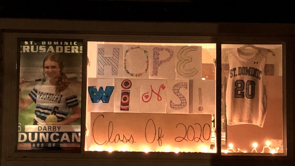 SDHSMrD's tweet photo. Wish we would have gotten to see Darby play her last season of LAX but we are so proud of all she has accomplished @StDominicHS in athletics, academics, theater and everything else! Proud to display her LAX jersey/softball banner and to remember hope wins! #Crusader2020 https://t.co/rh3DmY9RHF