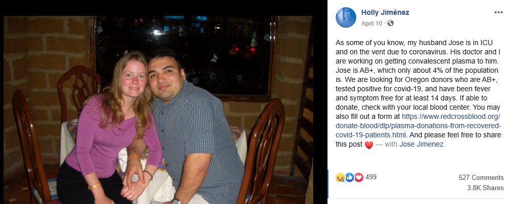 JacquelynAbadTV's tweet photo. PLEASE SHARE: Jose Jimenez is a dad, nurse &amp; veteran. He is on life support, battling COVID19 at a Portland area hospital. 

His Dr. and wife are working to get him convalescent plasma. They need an Oregon donor who fully recovered from COVID19 w/ blood type AB+.
@KOINNews https://t.co/ZAigHmIuXJ