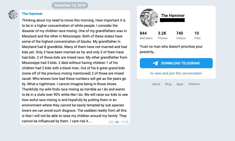 This are just several of hundreds of racist and neo-nazi posts on Chris' channel. These also include personal screeds about white supremacy written by Chris himself.Read more about neo-Nazis relationship to Telegram here:  https://www.vice.com/en_us/article/59nk3a/how-telegram-became-white-nationalists-go-to-messaging-platform3/