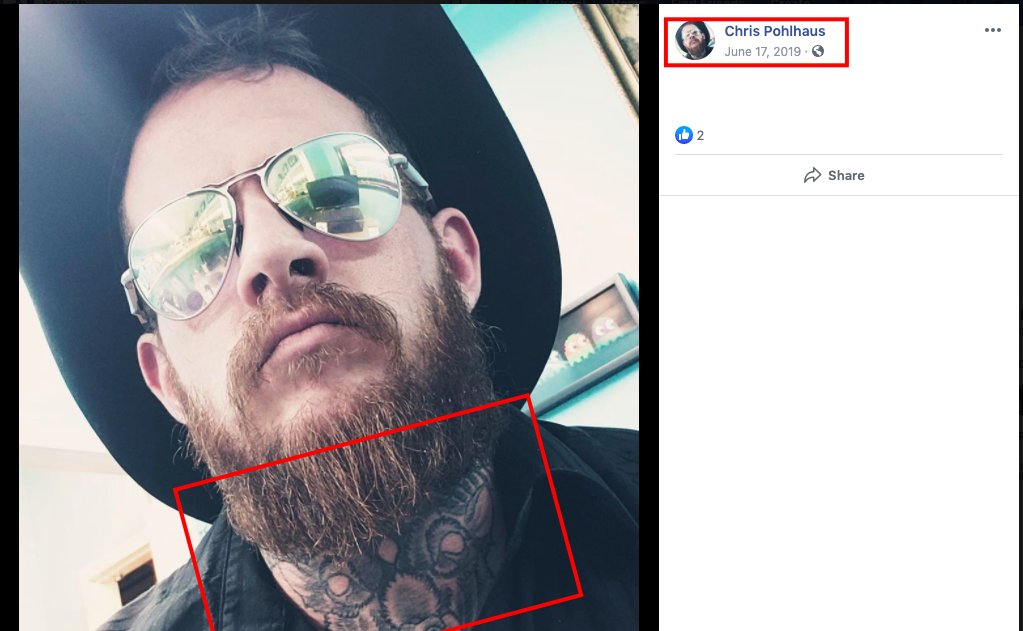 Chris also has some very distinct tattoos, such as a large horned ram tattooed on his neck. This was very helpful in confirming his identity when we found Chris' Facebook page. Also note Chris loves making his own breads, meads, and ciders.5/