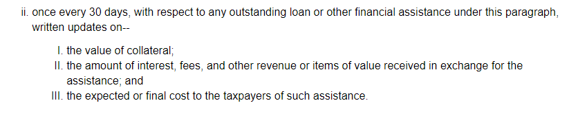 Section 3(C)(ii) requires monthly updates, but just on the total amount of lending done and interest collected -- once again, no details of specific loans or borrowers